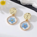 Gold Tone Geometric Resin Pressed Flower Drop Stud Earrings view 7