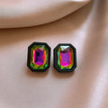 Rainbow Rectangle Acrylic Stud Earrings with Crystal Border view 1