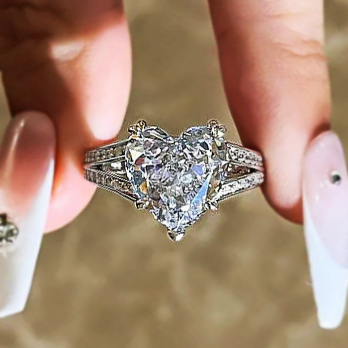 Silver Clear Heart Double Band Pave Finger Ring Sizes 6-10
