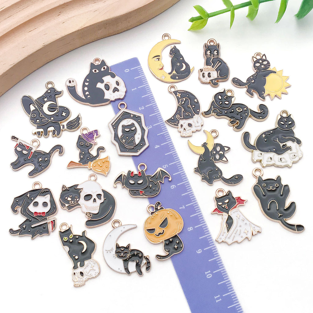 Enamel Zinc Alloy Skull Cat Halloween Charm Pendant for DIY Earrings Necklace Keychain