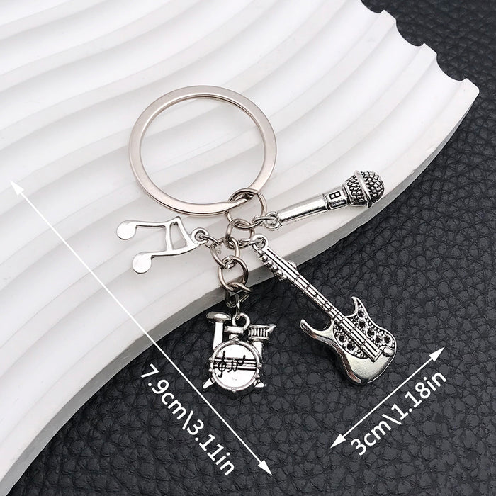 Silver Tone Guitar, Drum and Microphone Music Keychain