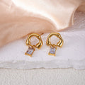 Gold Tone Open Loop Earrings With Deep Blue Rectangle Drops view 4