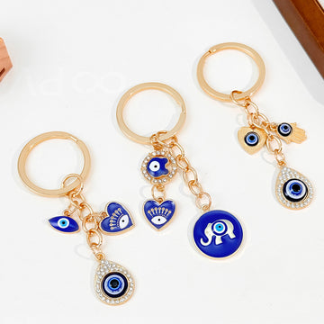 Evil Eye Charm Cluster Keychain with Elephant and Heart Charms