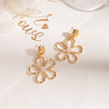 Gold Tone Open Five Petal Flower Long Dangle Stud Earrings view 6