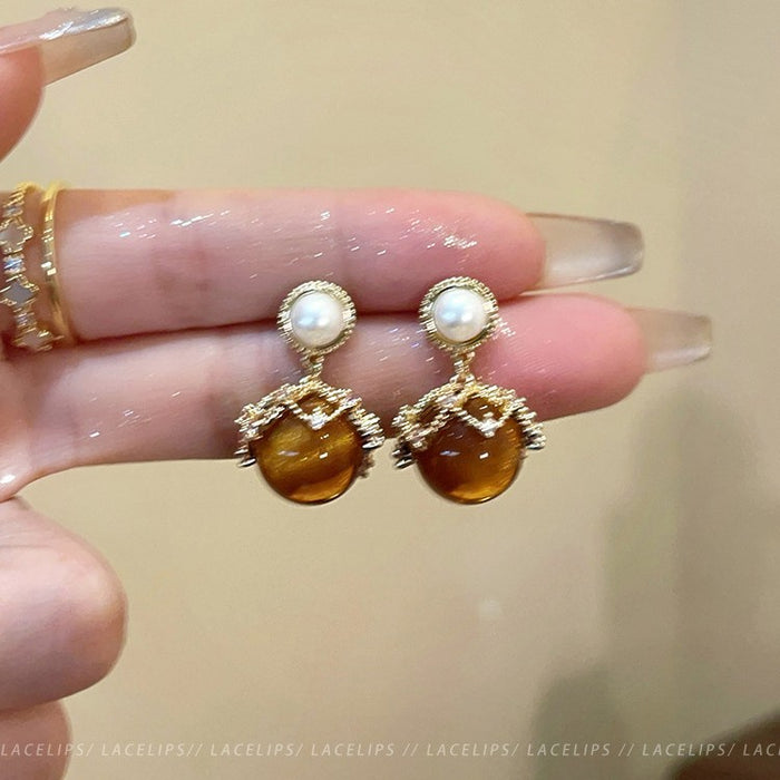 Tiger Eye Pearl Frame Drop Earrings with Distinctive Textured Details