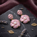 Pink Purple Double Flower Pearl Look Dangle Stud Earrings view 4