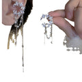 Silver Tone Crystal Crescent Pearl Chain Tassel Clip Earrings view 5