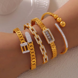 Gold Titanium Steel Bangle Bracelets Chain Link Bead Pave Styles