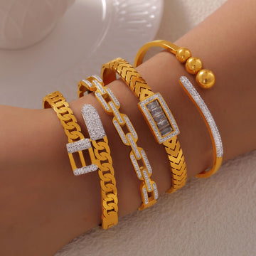 Gold Titanium Steel Bangle Bracelets Chain Link Bead Pave Styles
