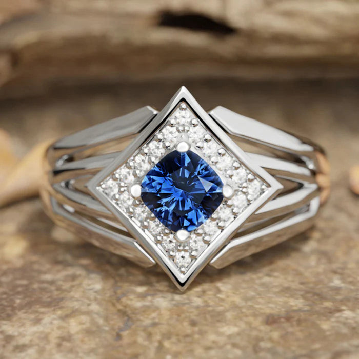 Silver Tone Blue Cushion Halo Multi Band Ring Sizes 6-10