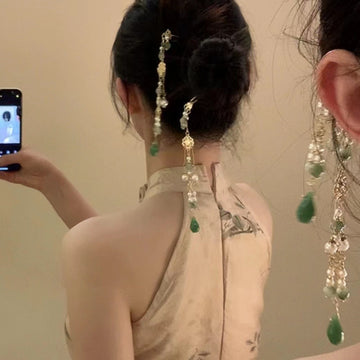 Gold Tone Floral Hair Pins With Green Bead Drops And Mismatched Variant Image