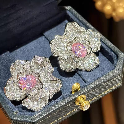 Pink Center Pavé Flower Stud Earrings Metal Jewelry Design shown in an additional product view