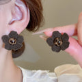 Brown Fabric Flower and Polka Dot Stud Earrings Set view 2