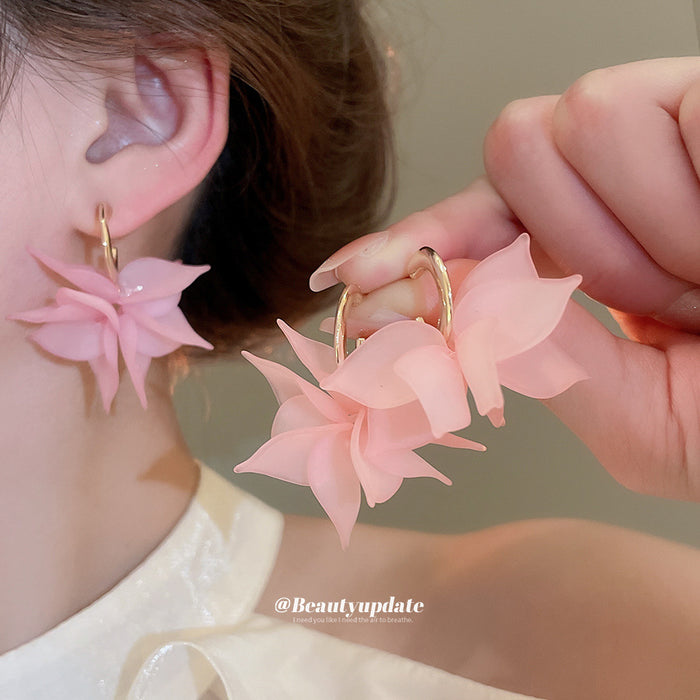 Layered Petal C Hoop Earrings In Pink And Green Statement Pair