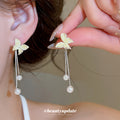 Ivory Butterfly Pearl Drop Earrings with Silver Tone Chains view 1