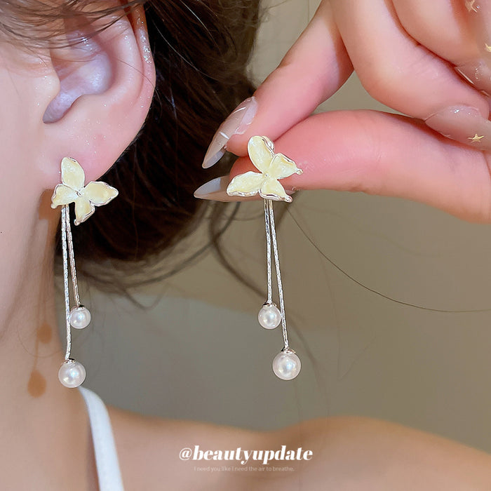Ivory Butterfly Pearl Drop Earrings with Silver Tone Chains