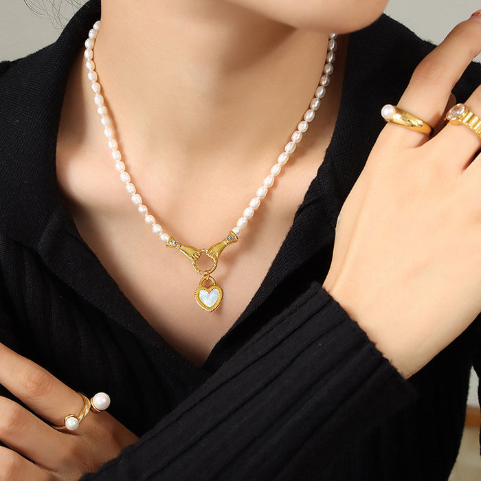 Pearl Strand Necklace Gold Hands Clasp And Heart Shell Pendant
