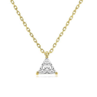 Gold triangle clear stone pendant necklace on white background