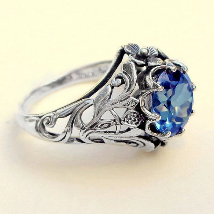 Antique Silver Filigree Blue Round Stone Cocktail Ring