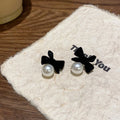 Black Velvet Butterfly Bow Stud Earrings With Pearl Centers view 2
