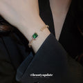 Gold Tone Green Rectangle Open Bangle With Clear Crystal Sides view 3