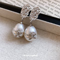 Silver Tone Crystal Leaf Studs With Large Faux Pearl Drops view 3