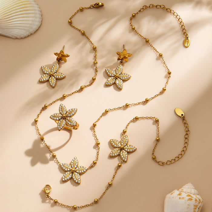 Five Petal Zircon Flower Necklace Bracelet Earring Ring Set