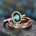 Green Oval Halo And Leaf-Vine Band Two-Ring Set In Three Tones view 1