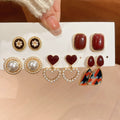 Gold Enamel Heart Oval Pearl Stud Drop Earring Five Pair Set view 7