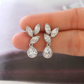 Silver Marquise Leaf Teardrop Clear CZ Drop Earrings view 1