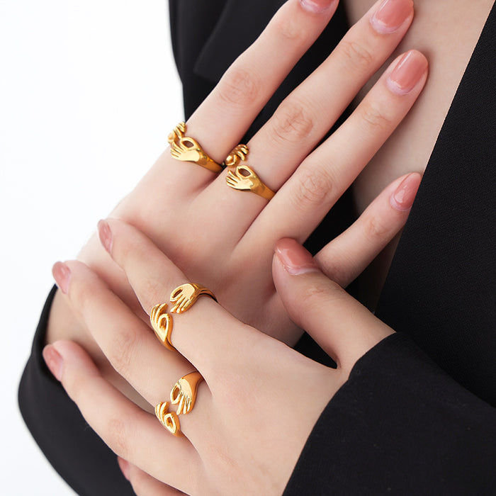 OK Hand Gesture Open Ring Gold and Steel Tone Metal