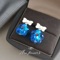 White Bow Blue Glass Flower Drop Earrings Red Centers view 6