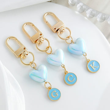 Blue Pearlescent Heart And Round Initial Letter Keychain