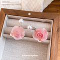 Pink Resin Rose Drop Earrings With White Pearl Stud Tops view 2