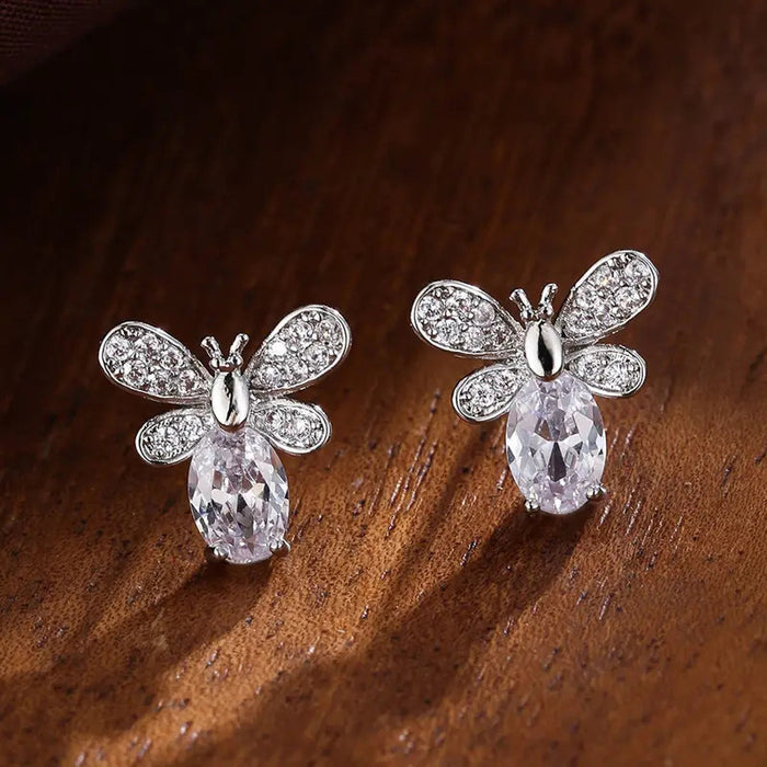 Gold Silver Bee Clear Oval Body Stud Earrings Pair