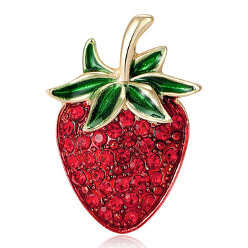 Red Rhinestone Strawberry Brooch Green Enamel Gold Leaf Pin