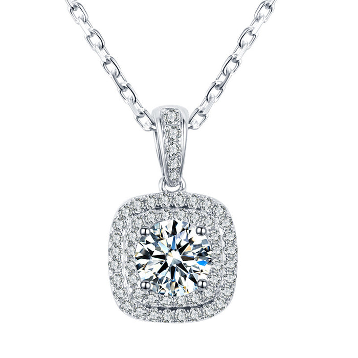 Cushion Double Halo Pendant Necklace White Gold Tone