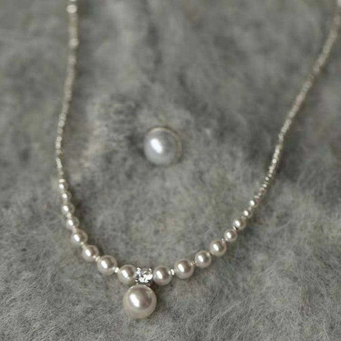 Silver Graduated Pearl Crystal Center Drop Necklace Single Style