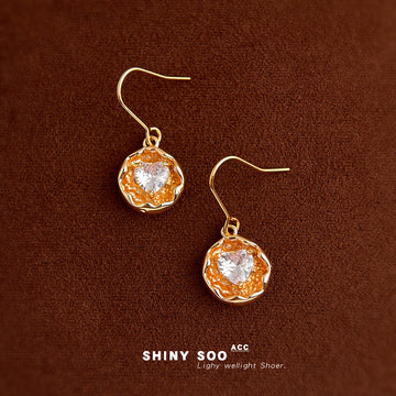 Gold Orange Molten Disc Heart Crystal Hook Earrings Pair Style