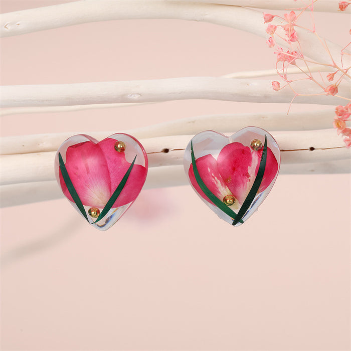 Clear Resin Red Pressed Flower Heart Stud Earrings