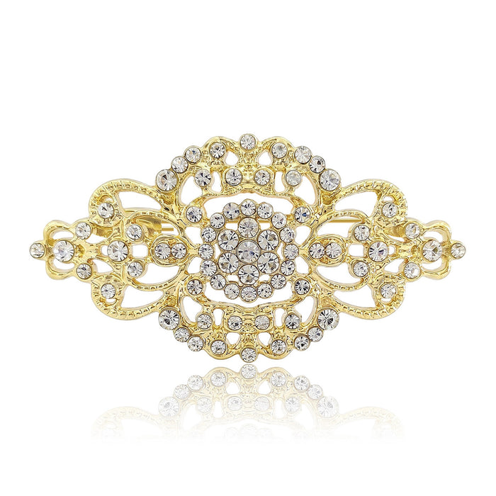 Symmetrical Crystal Filigree Bar Brooch in Gold or Silver Tone
