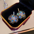 Iridescent Crystal Flower Gold Tone Statement Drop Earrings view 2