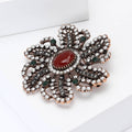 Antique Tone Floral Brooch with Red Center Stone Decorative Metal Pin view 3