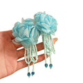 Ivory Fabric Flower Beaded Earrings With Polished Metal Tone Details view 5
