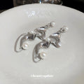Abstract Silver Tone Sculptural Drop Earrings With Pearls view 4