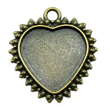 Bow Border Heart Cabochon Pendant Tray in Antique Bronze Metal Finish