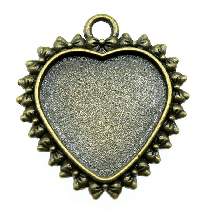 Bow Border Heart Cabochon Pendant Tray in Antique Bronze Metal Finish