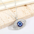 Large Almond Crystal Halo Blue Evil Eye Pendant Necklaces in Two Finishes view 3
