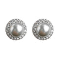 Silver Tone Gray Pearl Clear Stone Halo Stud Earrings For Women view 5