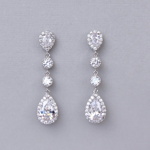 Round Teardrop Clear Stone Drop Earrings Metal Jewelry Design shown from an alternate angle